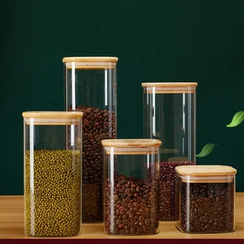 Quadrato in Vetro contenitori con Coperchio di Bambù per i Chicchi di Caffè in Grani Tagliatelle Contenitori per alimenti Cucina Organizzatori di Archiviazione